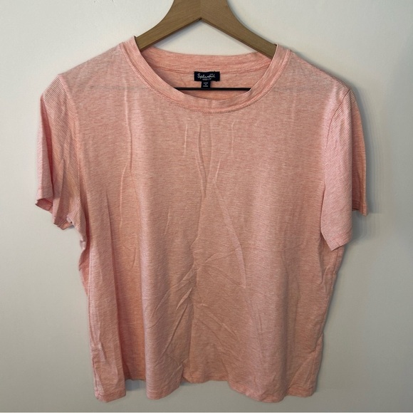 Splendid Tops - Splendid Women’s Coral and White Stripe Short Sleeve Crew Neck Tee, Size Medium